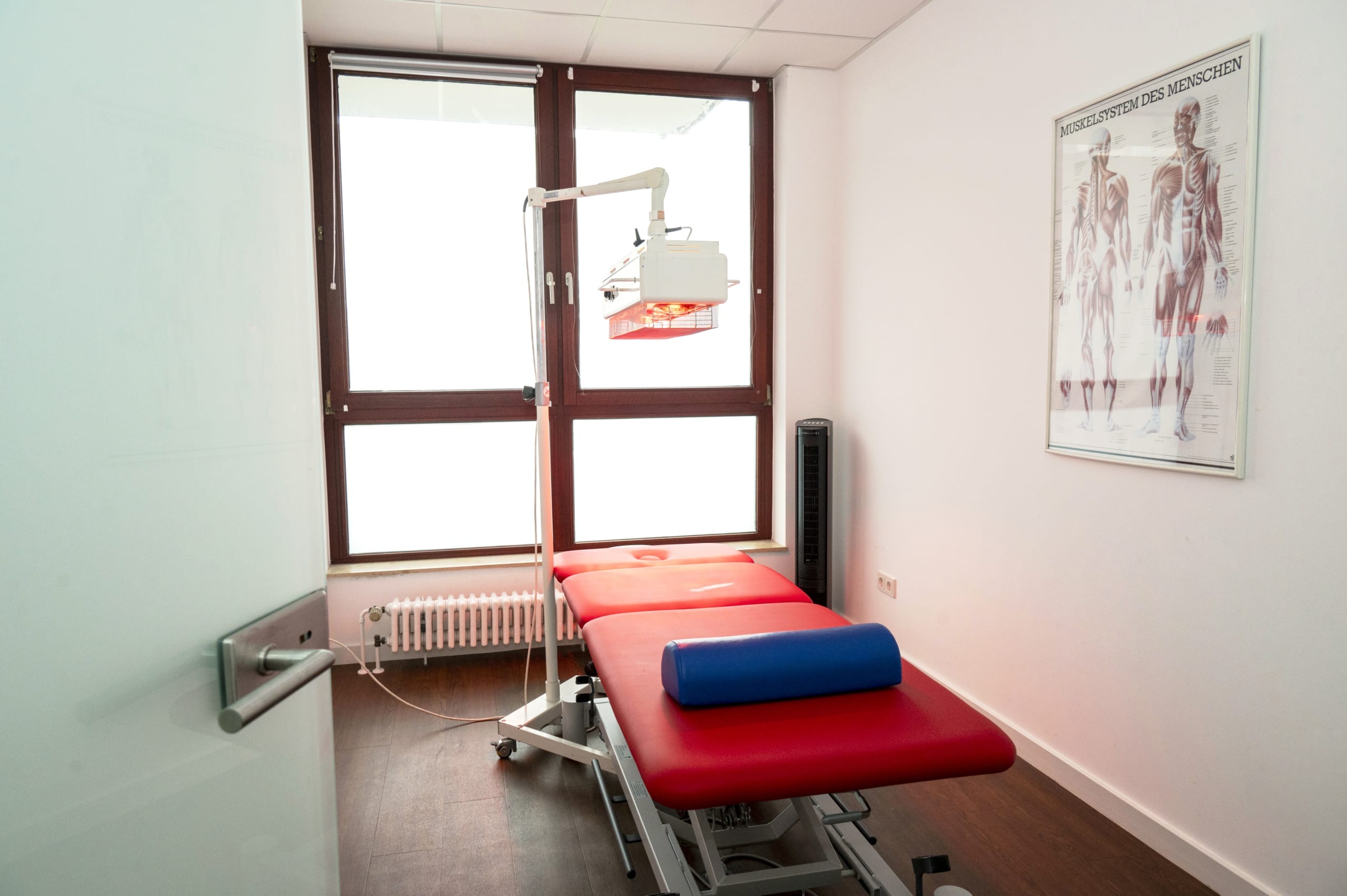 Der Physiotherapie-Untersuchungsraum verfügt über eine rote Behandlungsliege mit blauem Kissen. Eine Deckenlampe sorgt für ausreichend Licht und ein anatomisches Poster an der Wand vermittelt wichtige Erkenntnisse für effektive Therapiesitzungen.